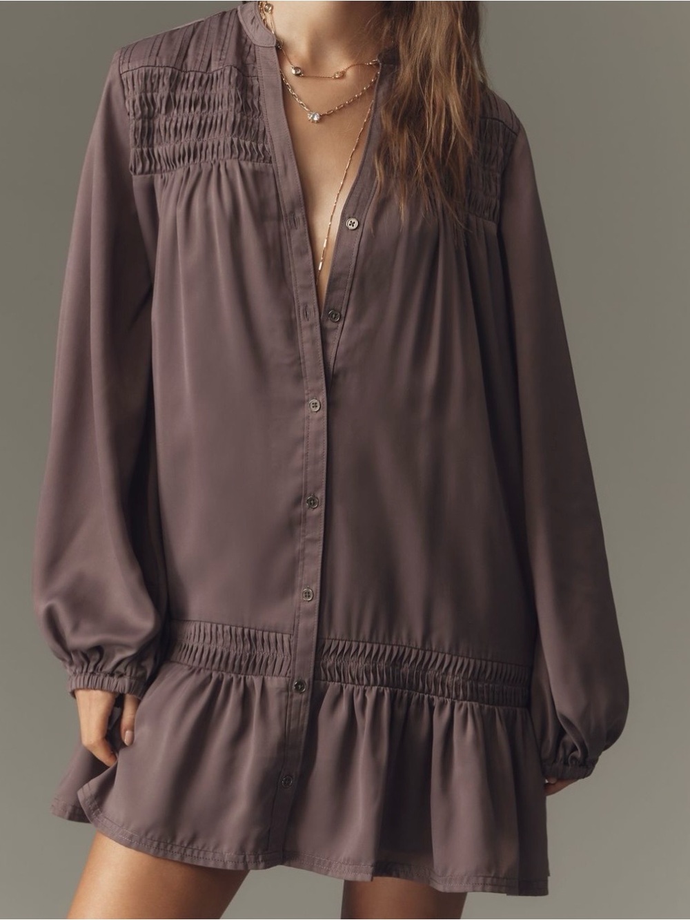 PILCRO Long-Sleeve V-Neck Mini Shirt Dress
